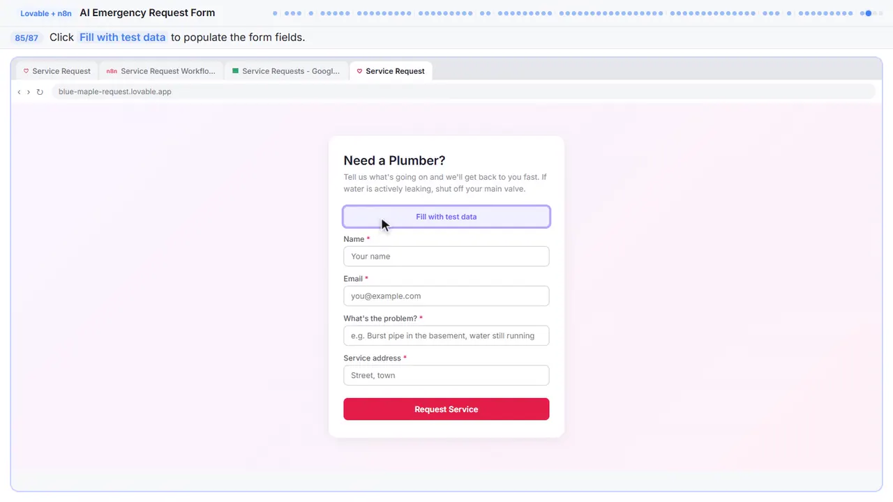 The Lovable app preview in Stepthrough’s practice copy, step 85 of 87 (Fill the form): the cursor is on “Fill with test data”, highlighted.