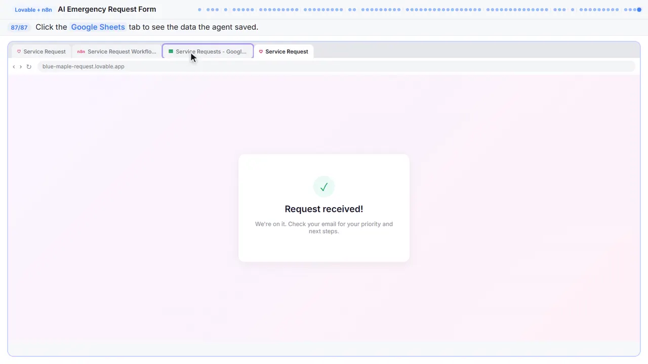 The Lovable app preview in Stepthrough’s practice copy, step 87 of 87 (Check the spreadsheet): the cursor is on “Google Sheets”, highlighted.