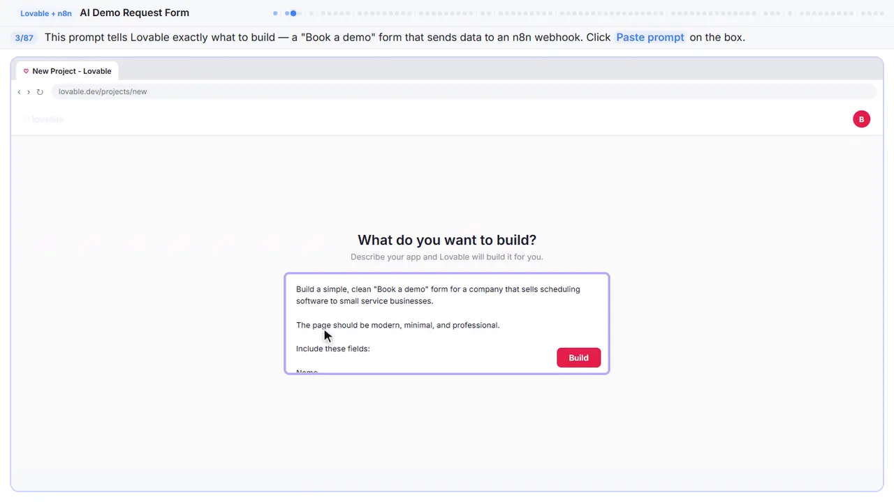 Lovable in Stepthrough’s practice copy, step 3 of 87 (Describe the form): the prompt is filled in (“Build a simple, clean "Book a demo" form for a…”).