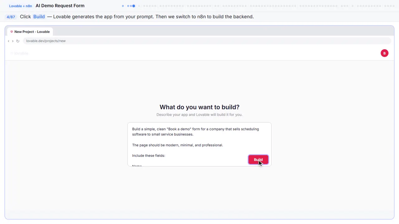 Lovable in Stepthrough’s practice copy, step 4 of 87 (Build the app): the cursor is on “Build”, highlighted.