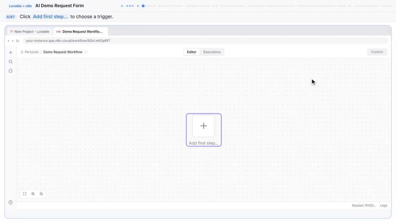 The n8n workflow canvas in Stepthrough’s practice copy, step 6 of 87 (Add the first step): the cursor is on “Add first step…”, highlighted.