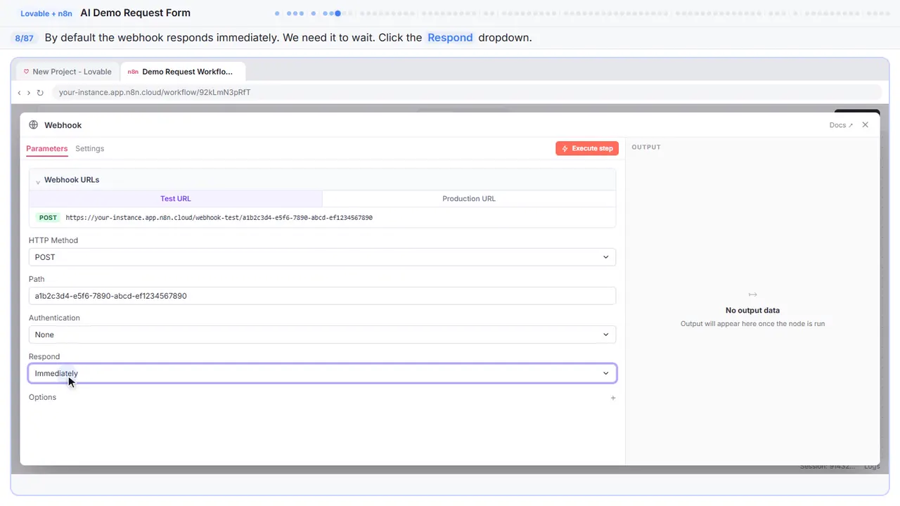 An n8n node’s settings window in Stepthrough’s practice copy, step 8 of 87 (Change the response mode): the cursor is on “Respond”, highlighted.
