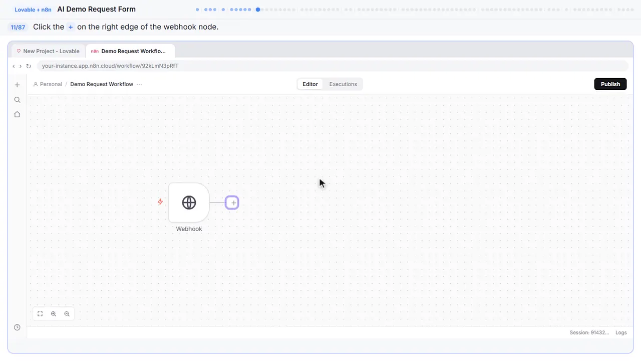 The n8n workflow canvas in Stepthrough’s practice copy, step 11 of 87 (Add the next node): the cursor is on “+”, highlighted.