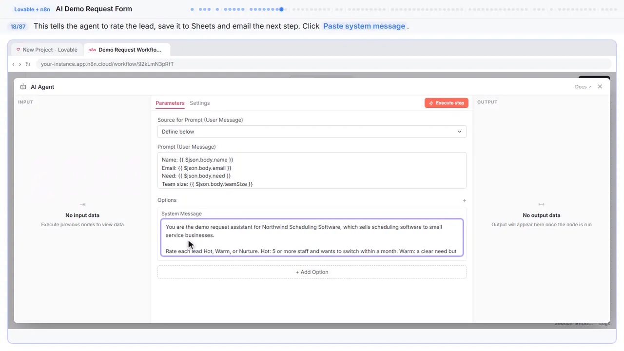 An n8n node’s settings window in Stepthrough’s practice copy, step 18 of 87 (Write the system message): the system message is filled in (“You are the demo request assistant for…”).