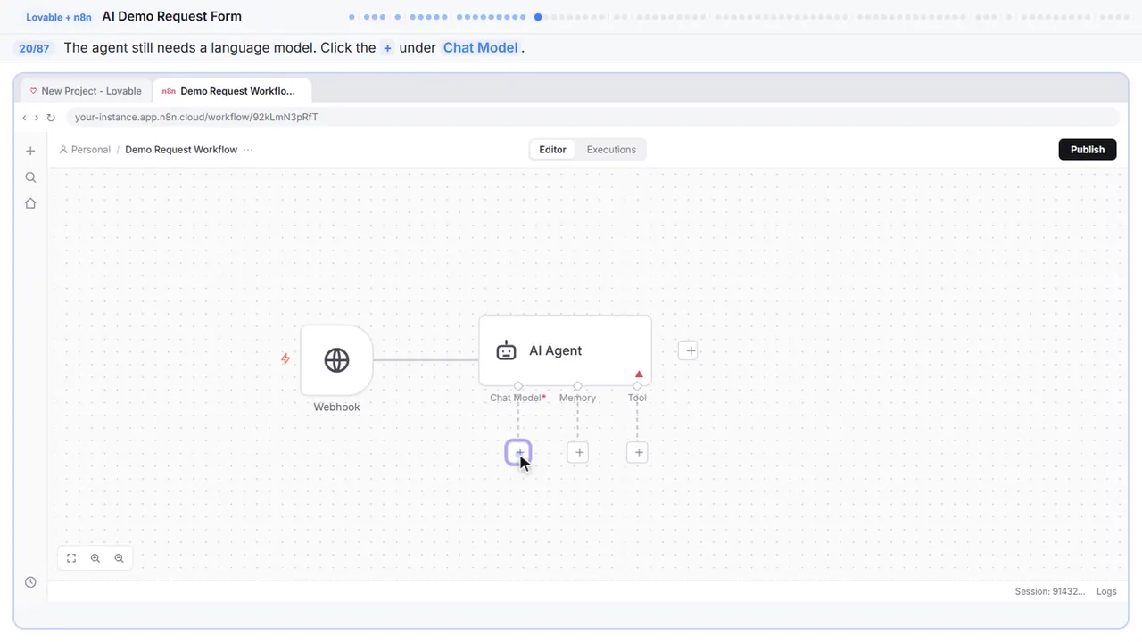 The n8n workflow canvas in Stepthrough’s practice copy, step 20 of 87 (Give the agent a brain): the cursor is on “+”, highlighted.