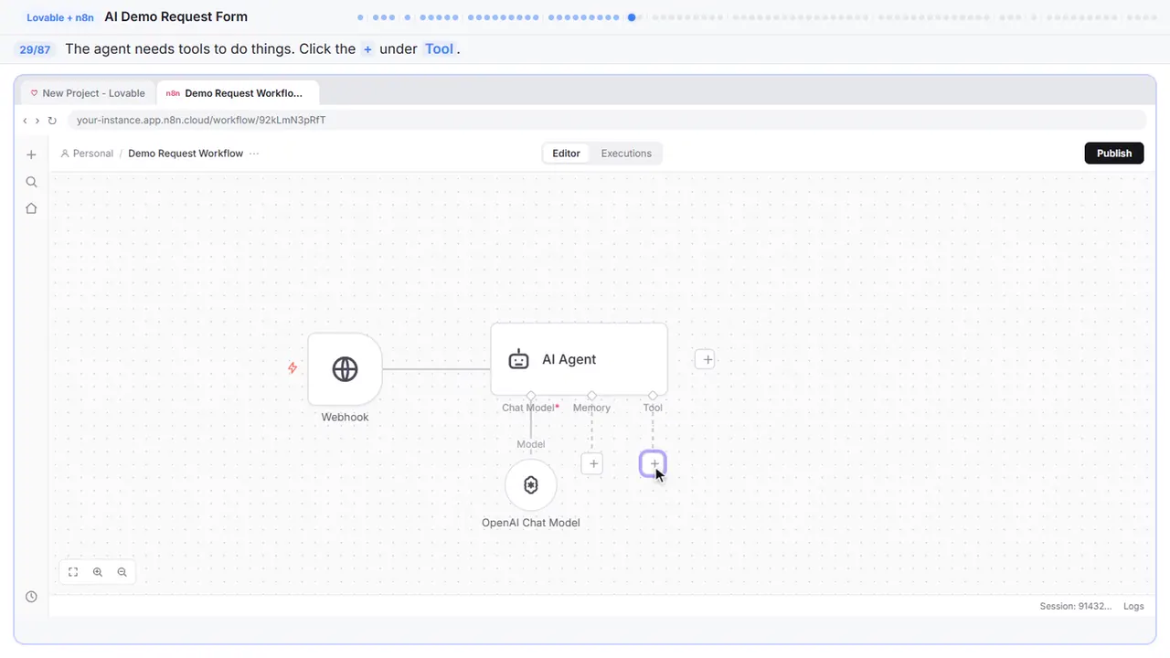 The n8n workflow canvas in Stepthrough’s practice copy, step 29 of 87 (Add a tool): the cursor is on “+”, highlighted.