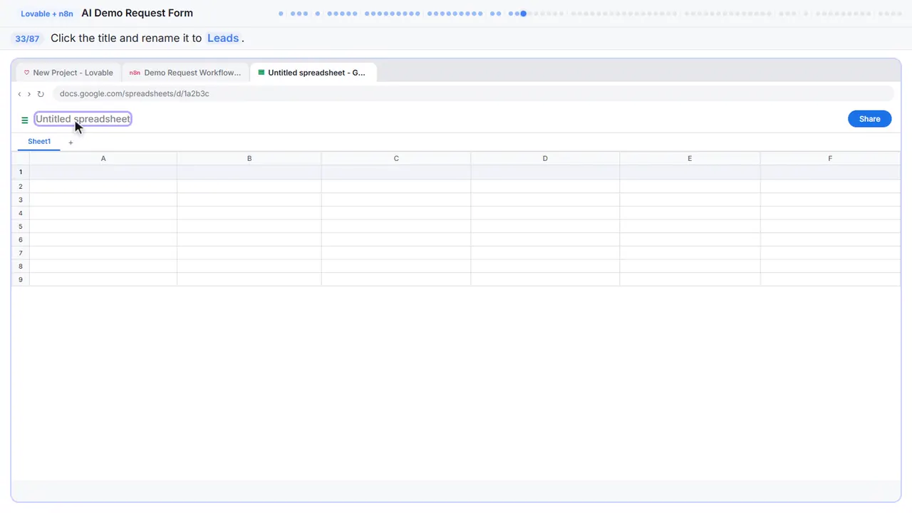 Google Sheets in Stepthrough’s practice copy, step 33 of 87 (Name the spreadsheet): the cursor is on “Leads”, highlighted.