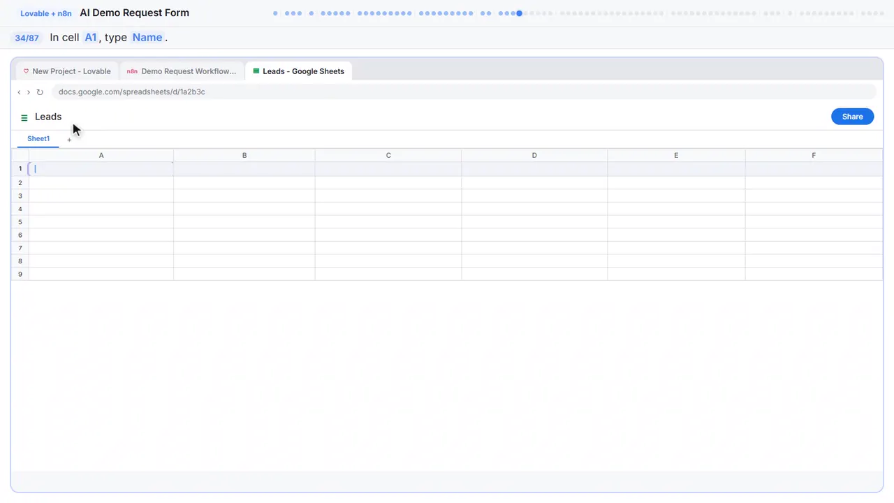 Google Sheets in Stepthrough’s practice copy, step 34 of 87 (Type the first column header): the cursor is on “A1”, highlighted.