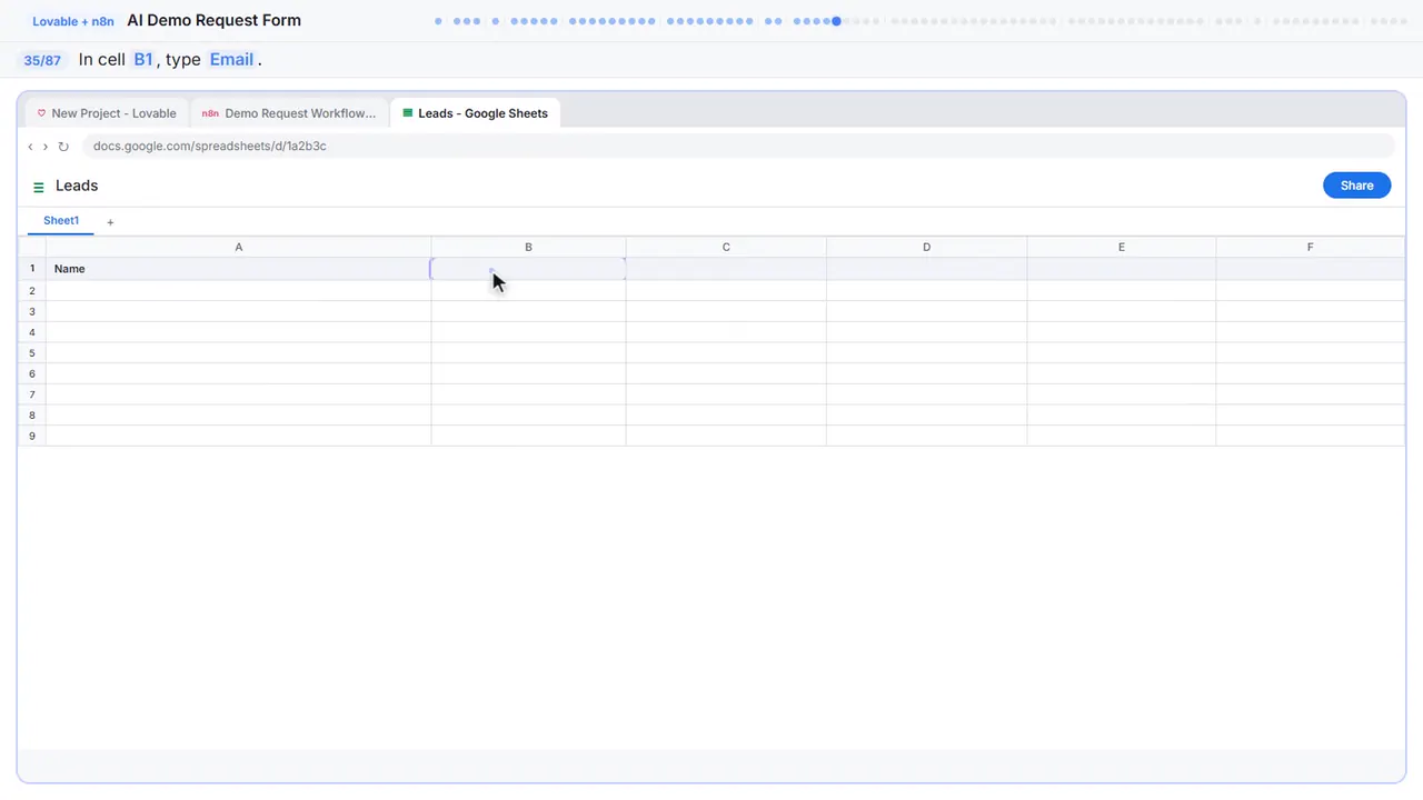 Google Sheets in Stepthrough’s practice copy, step 35 of 87 (Email): the cursor is on “B1”, highlighted.