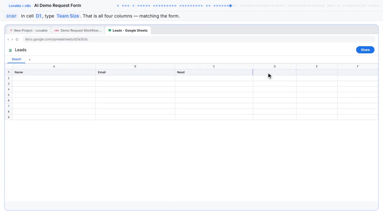 Google Sheets in Stepthrough’s practice copy, step 37 of 87 (Team Size): the cursor is on “D1”, highlighted.