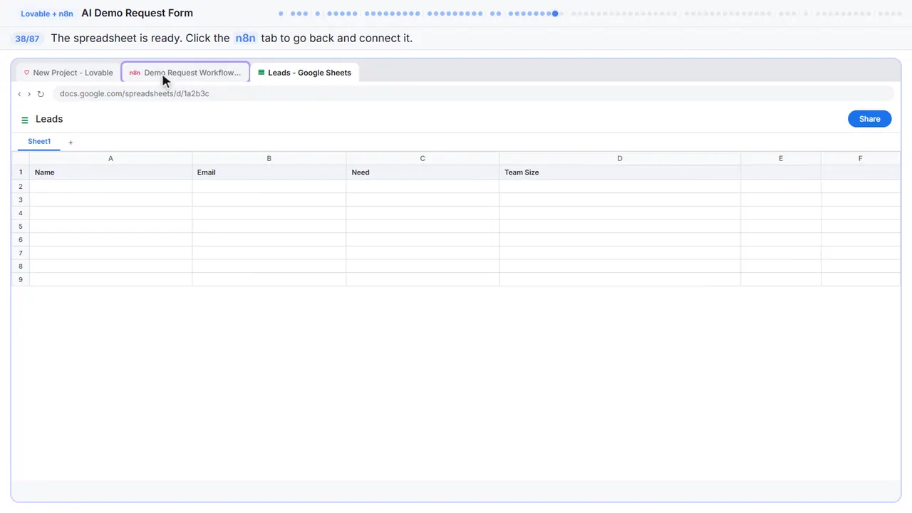 Google Sheets in Stepthrough’s practice copy, step 38 of 87 (Back to n8n): the cursor is on “n8n”, highlighted.