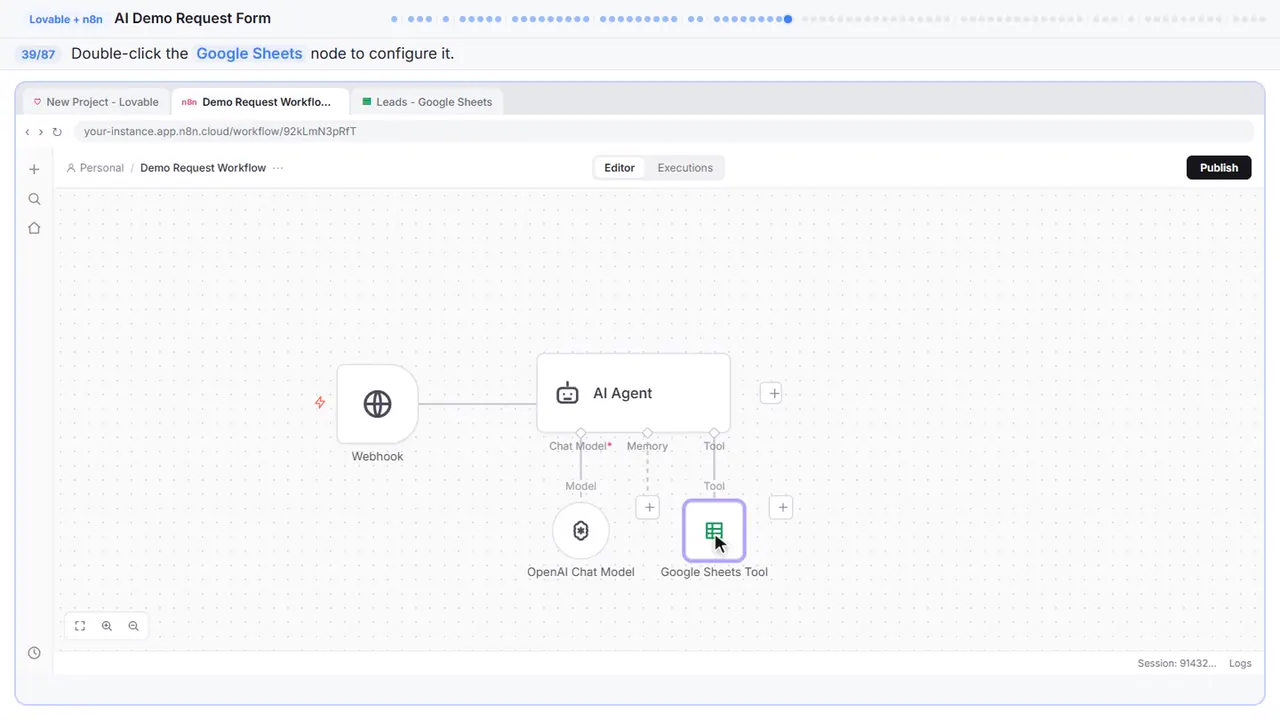 The n8n workflow canvas in Stepthrough’s practice copy, step 39 of 87 (Open the Sheets node): the cursor is on “Google Sheets”, highlighted.
