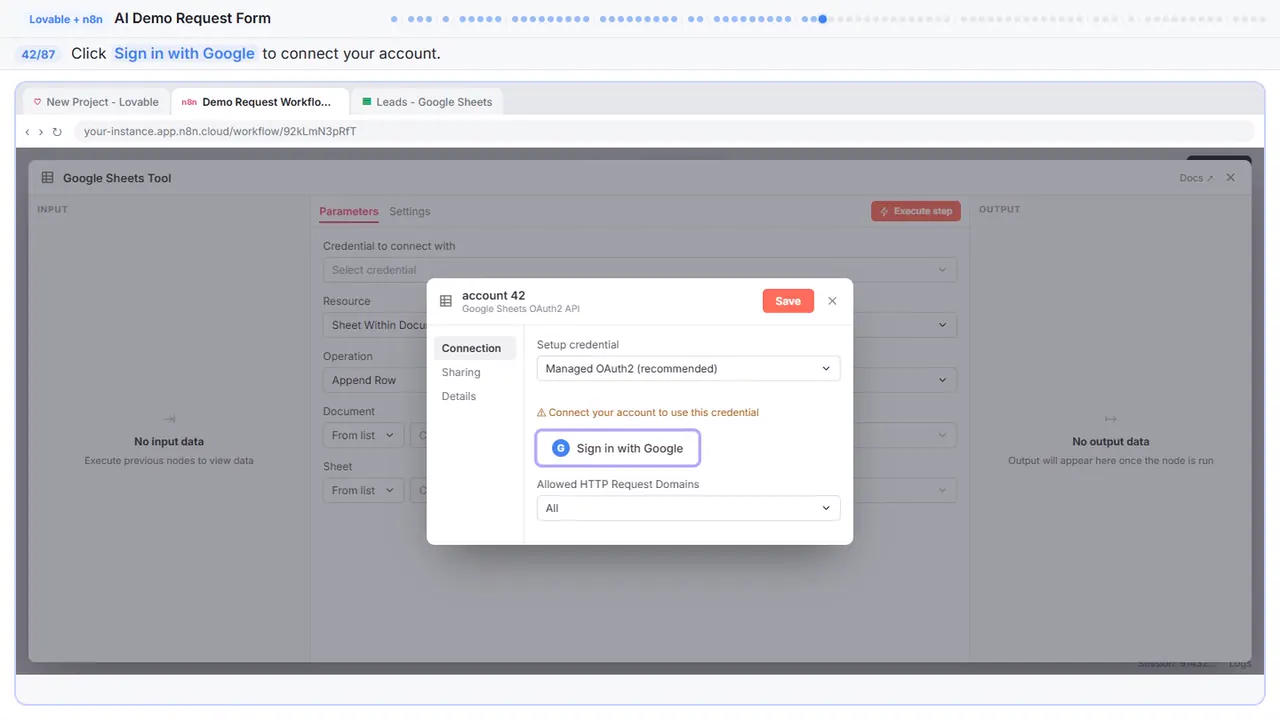 The Google sign-in window in Stepthrough’s practice copy, step 42 of 87 (Sign in with Google): the cursor is on “Sign in with Google”, highlighted.