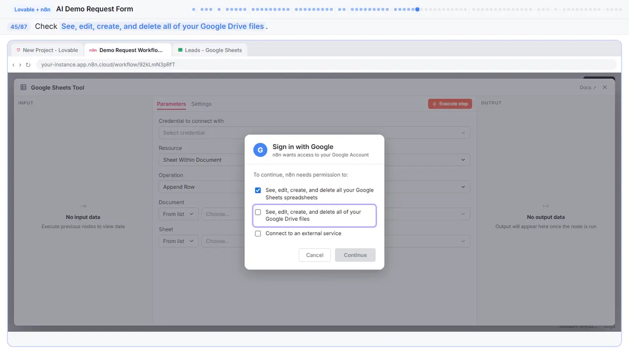 The Google sign-in window in Stepthrough’s practice copy, step 45 of 87 (Allow Drive access): the cursor is on “See, edit, create, and delete all of your Google Drive files”, highlighted.