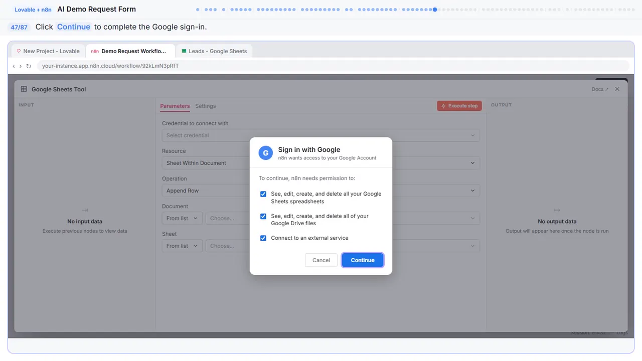 The Google sign-in window in Stepthrough’s practice copy, step 47 of 87 (Sign in): the cursor is on “Continue”, highlighted.