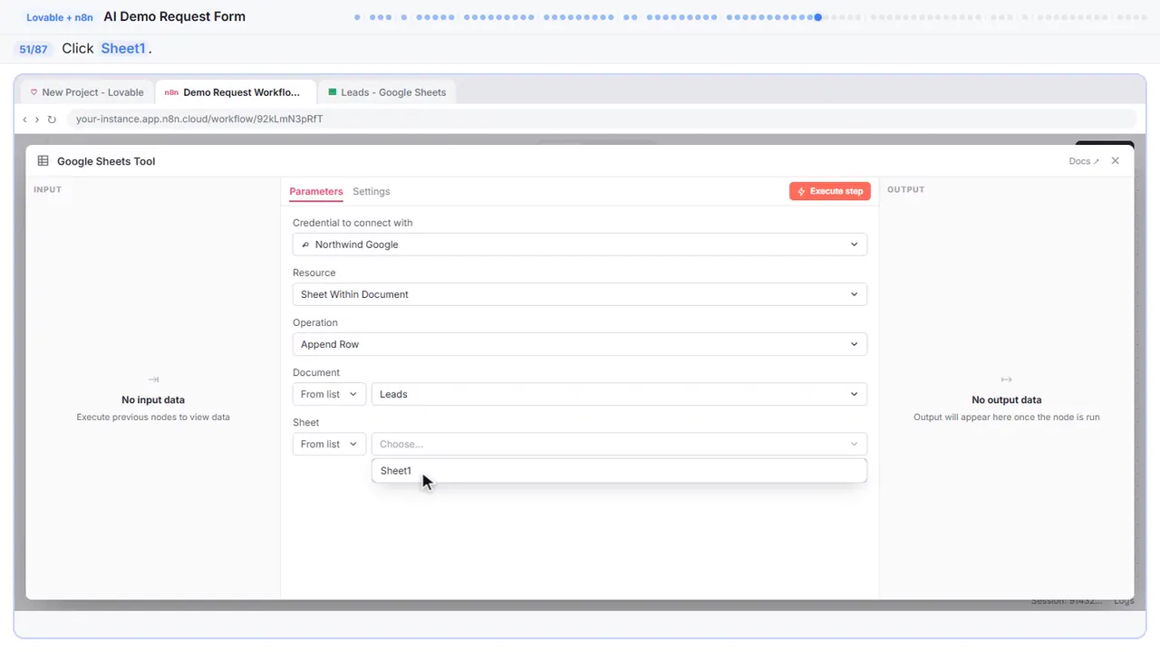 A dropdown menu in n8n in Stepthrough’s practice copy, step 51 of 87 (Sheet1): the cursor is on “Sheet1”, highlighted.