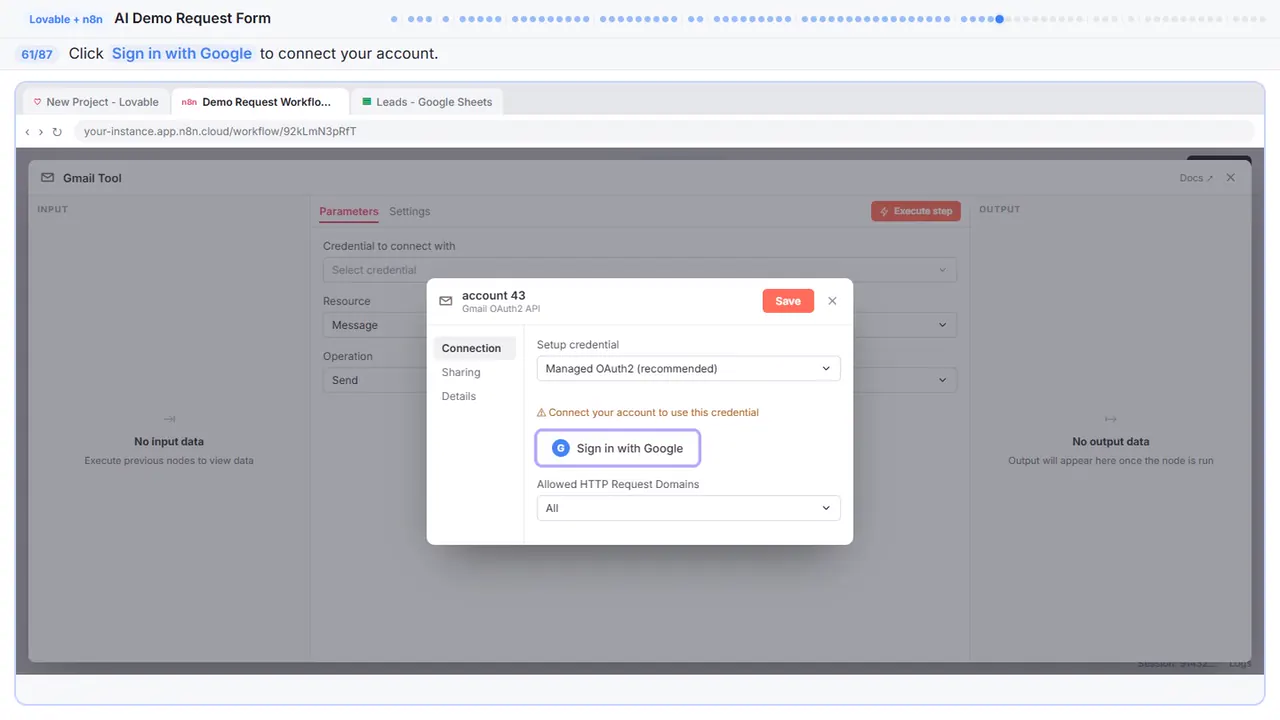 Gmail in Stepthrough’s practice copy, step 61 of 87 (Sign in with Google): the cursor is on “Sign in with Google”, highlighted.