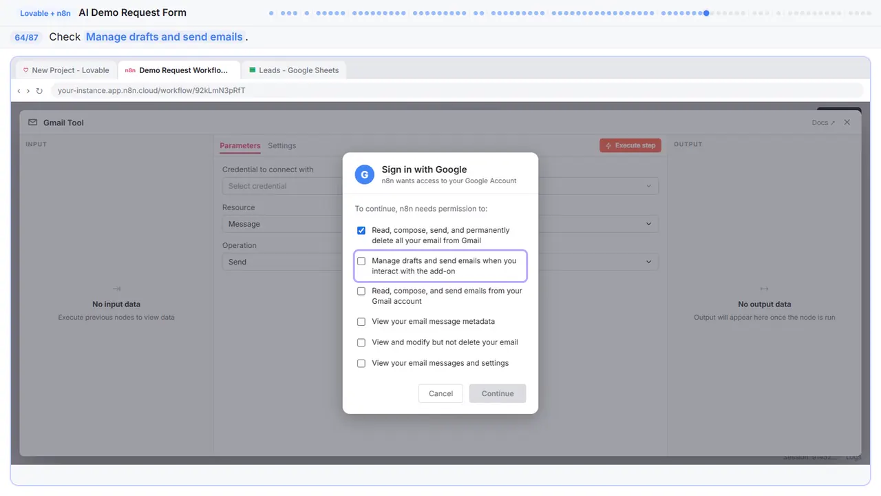 Gmail in Stepthrough’s practice copy, step 64 of 87 (Allow drafts): the cursor is on “Manage drafts and send emails”, highlighted.