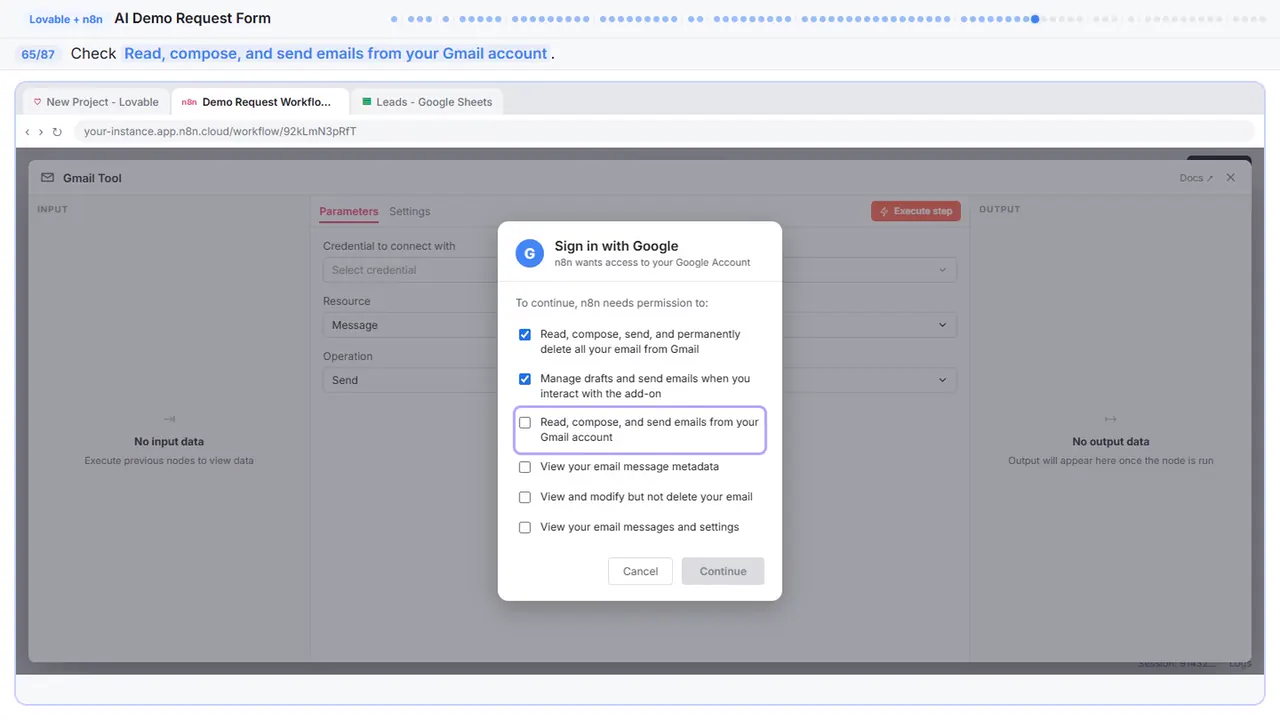 Gmail in Stepthrough’s practice copy, step 65 of 87 (Allow compose): the cursor is on “Read, compose, and send emails from your Gmail account”, highlighted.