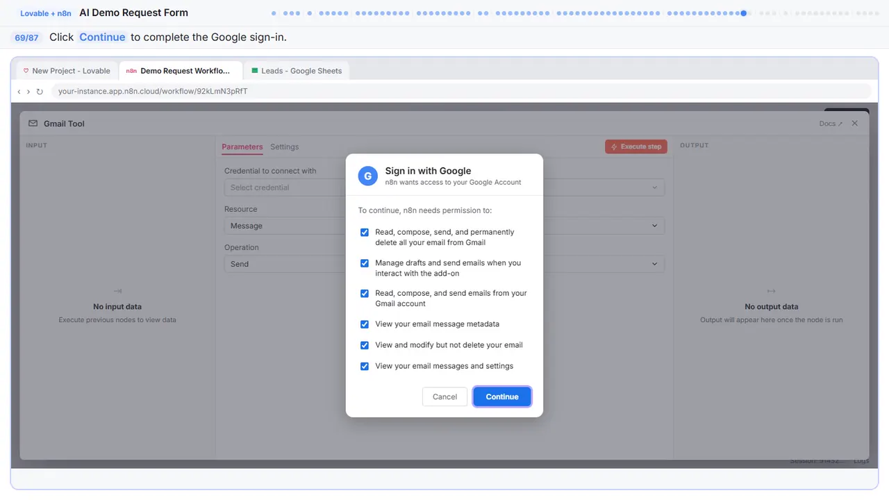Gmail in Stepthrough’s practice copy, step 69 of 87 (Sign in): the cursor is on “Continue”, highlighted.