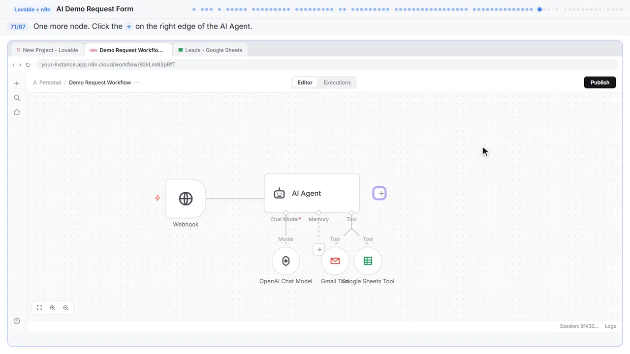 The n8n workflow canvas in Stepthrough’s practice copy, step 71 of 87 (Add the respond node): the cursor is on “+”, highlighted.