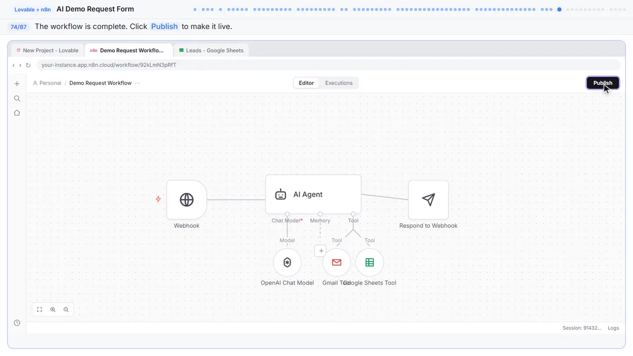 The n8n workflow editor in Stepthrough’s practice copy, step 74 of 87 (Publish the workflow): the cursor is on “Publish”, highlighted.