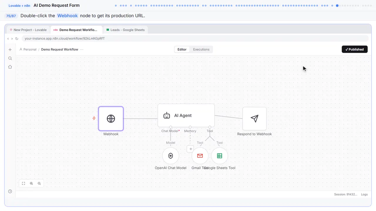 The n8n workflow canvas in Stepthrough’s practice copy, step 75 of 87 (Open the webhook): the cursor is on “Webhook”, highlighted.