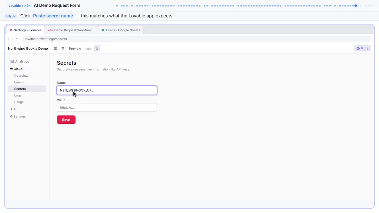 Lovable’s secrets settings in Stepthrough’s practice copy, step 81 of 87 (Name the secret): the secret name is filled in (“N8N_WEBHOOK_URL”).