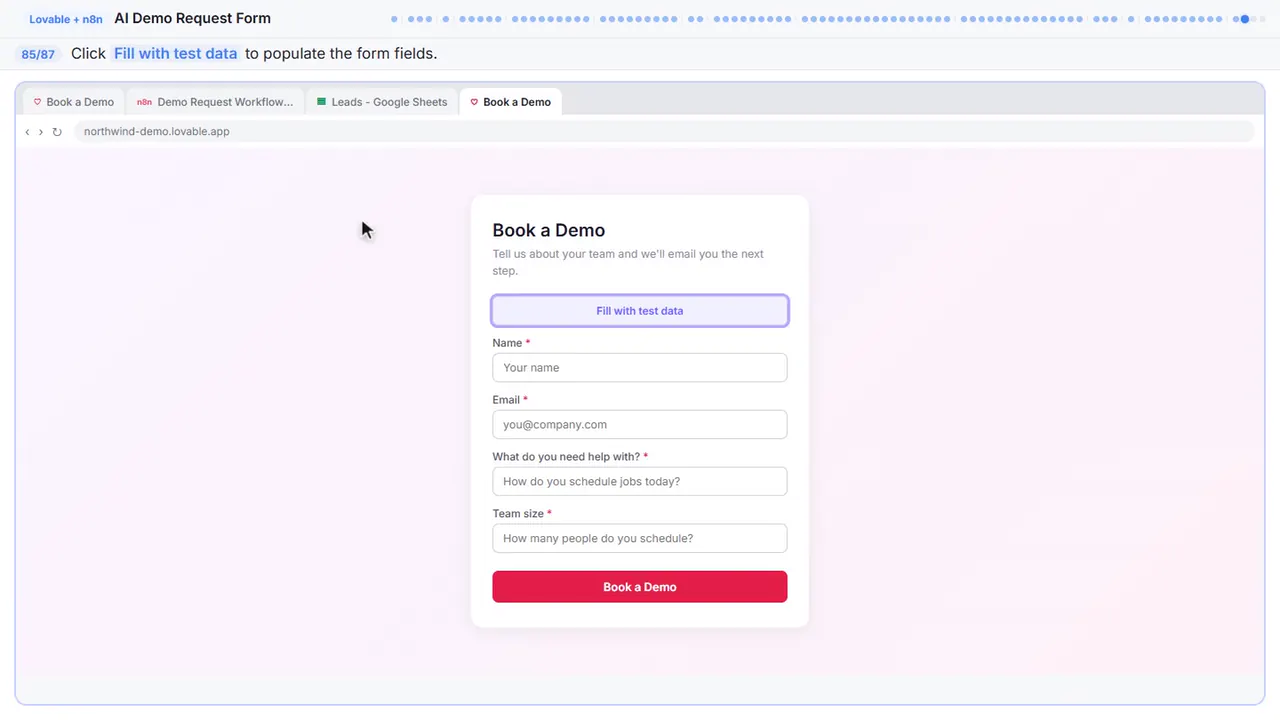 The Lovable app preview in Stepthrough’s practice copy, step 85 of 87 (Fill the form): the cursor is on “Fill with test data”, highlighted.