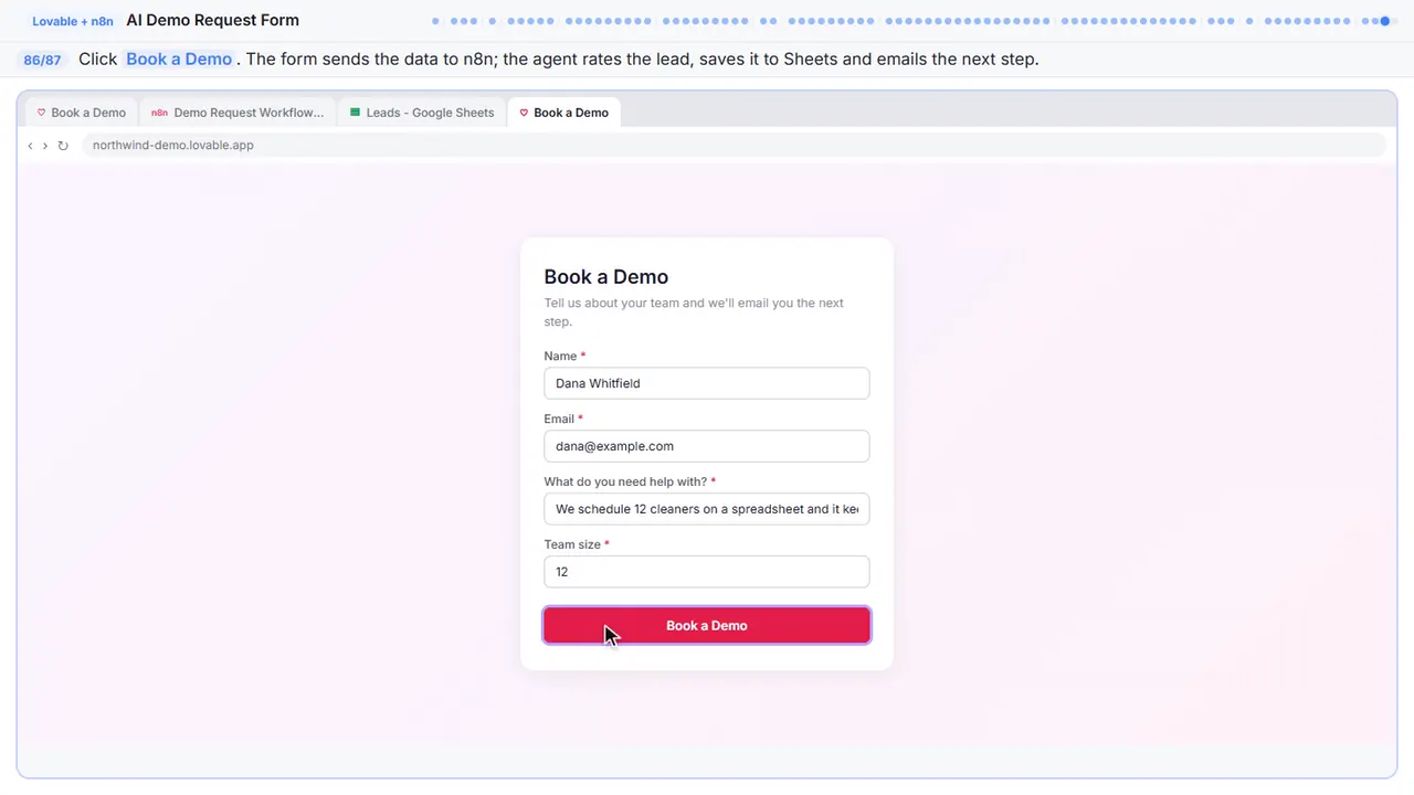The Lovable app preview in Stepthrough’s practice copy, step 86 of 87 (Submit the form): the cursor is on “Book a Demo”, highlighted.