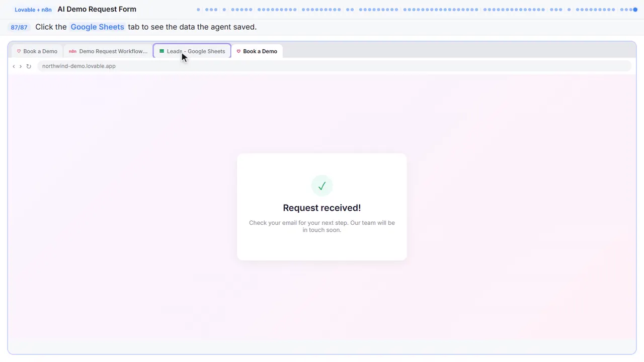 The Lovable app preview in Stepthrough’s practice copy, step 87 of 87 (Check the spreadsheet): the cursor is on “Google Sheets”, highlighted.