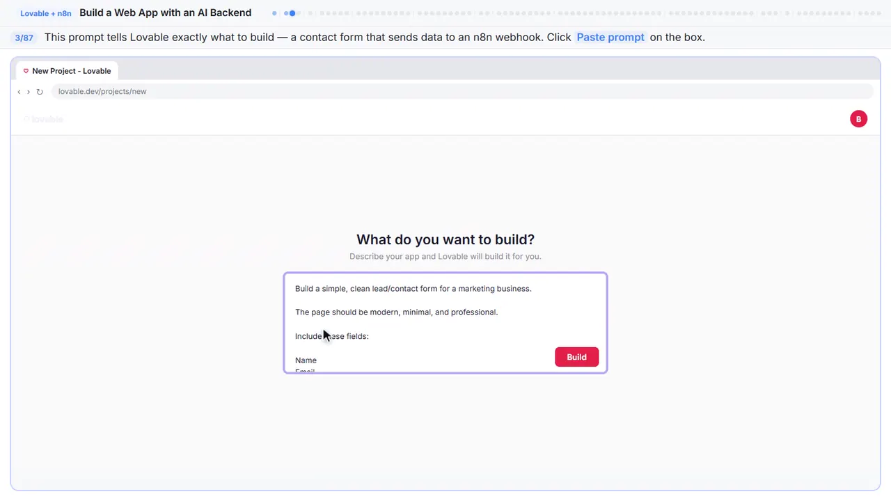 Lovable in Stepthrough’s practice copy, step 3 of 87 (Describe the form): the prompt is filled in (“Build a simple, clean lead/contact form for a…”).
