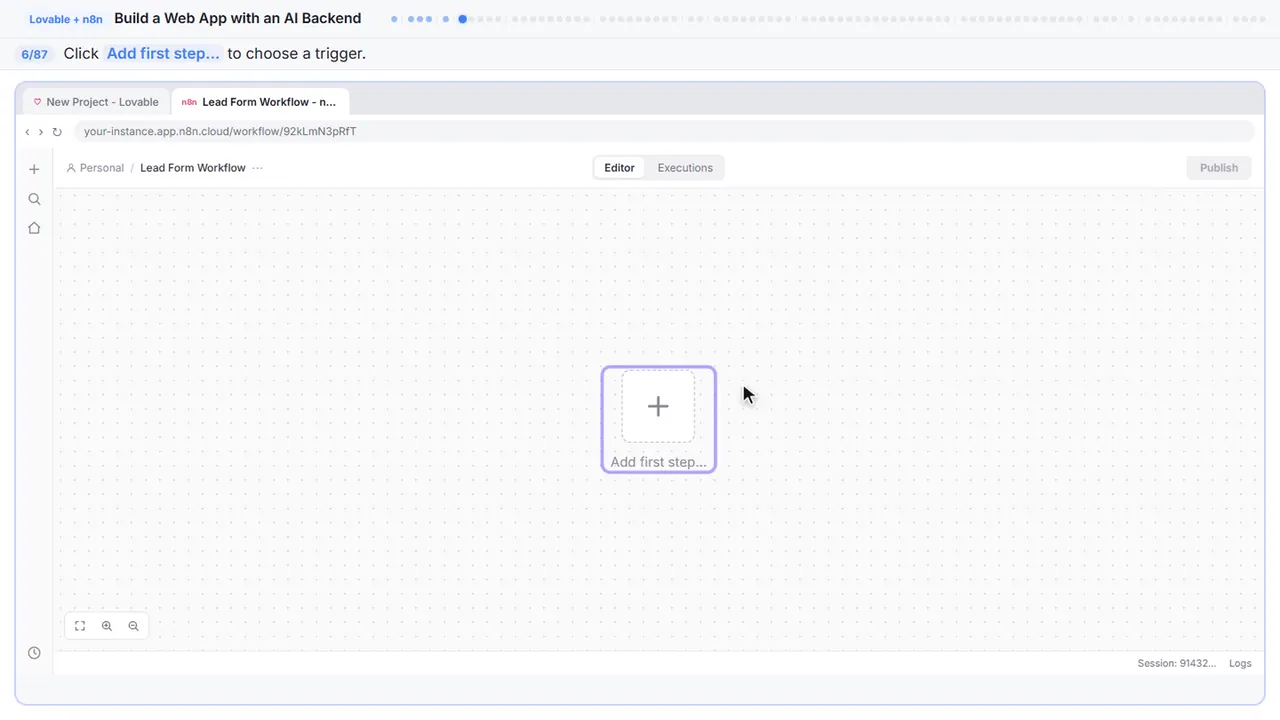 The n8n workflow canvas in Stepthrough’s practice copy, step 6 of 87 (Add the first step): the cursor is on “Add first step…”, highlighted.