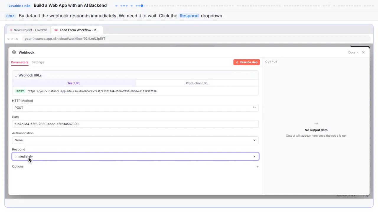 An n8n node’s settings window in Stepthrough’s practice copy, step 8 of 87 (Change the response mode): the cursor is on “Respond”, highlighted.