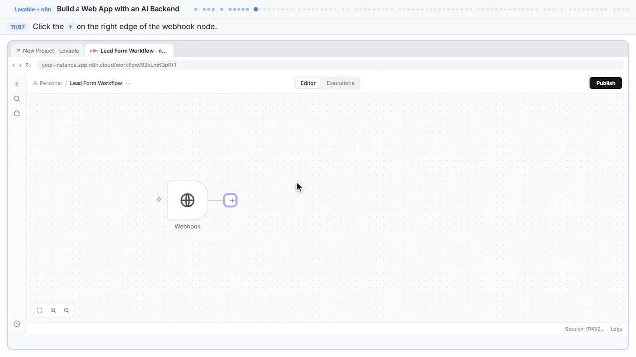 The n8n workflow canvas in Stepthrough’s practice copy, step 11 of 87 (Add the next node): the cursor is on “+”, highlighted.