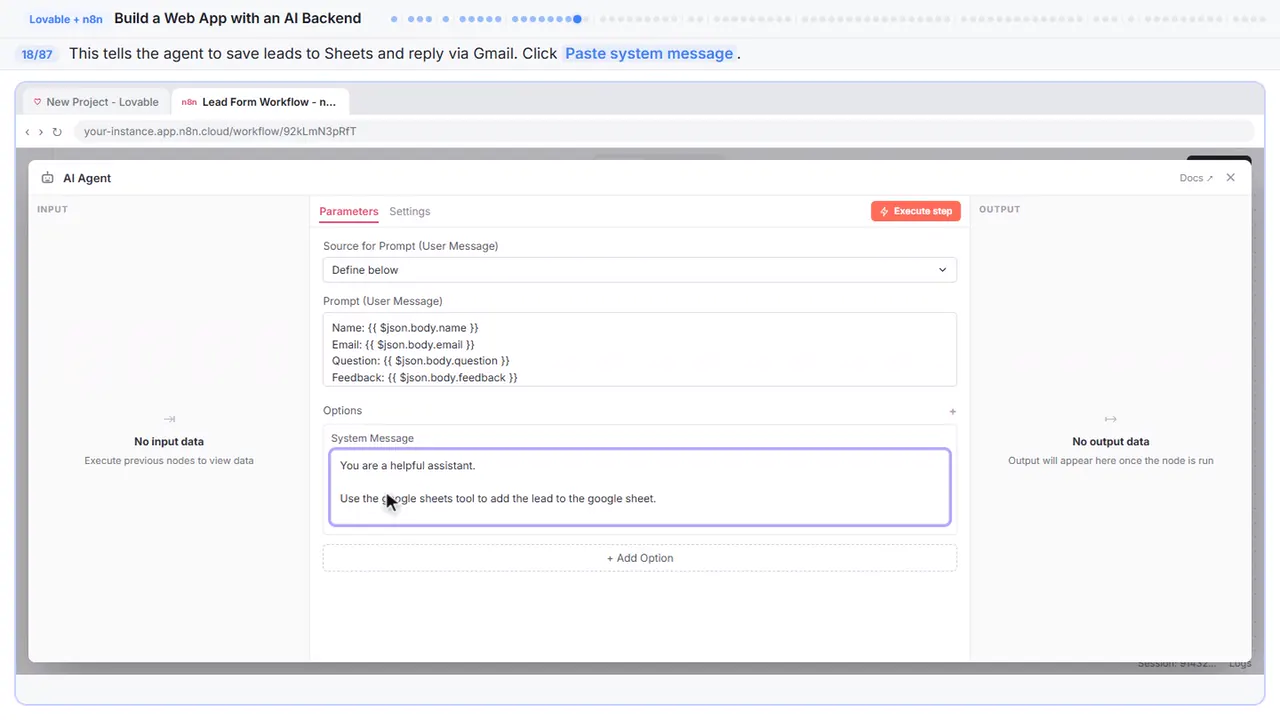 An n8n node’s settings window in Stepthrough’s practice copy, step 18 of 87 (Write the system message): the system message is filled in (“You are a helpful assistant. Use the google…”).