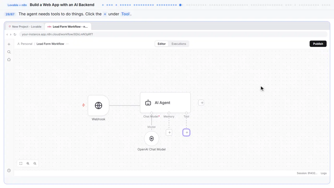 The n8n workflow canvas in Stepthrough’s practice copy, step 29 of 87 (Add a tool): the cursor is on “+”, highlighted.