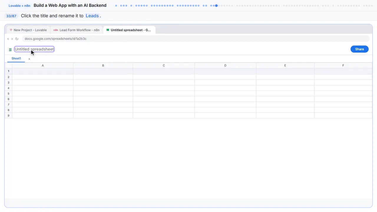 Google Sheets in Stepthrough’s practice copy, step 33 of 87 (Name the spreadsheet): the cursor is on “Leads”, highlighted.