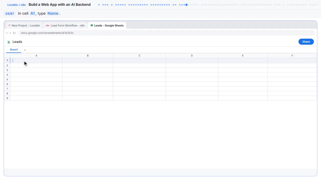 Google Sheets in Stepthrough’s practice copy, step 34 of 87 (Type the first column header): the cursor is on “A1”, highlighted.