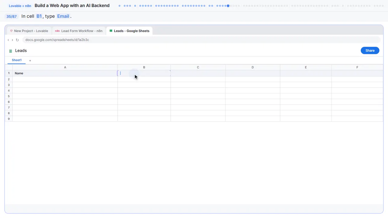 Google Sheets in Stepthrough’s practice copy, step 35 of 87 (Email): the cursor is on “B1”, highlighted.
