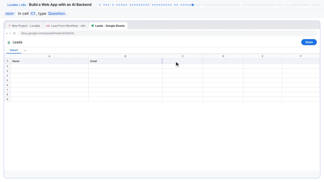 Google Sheets in Stepthrough’s practice copy, step 36 of 87 (Question): the cursor is on “C1”, highlighted.