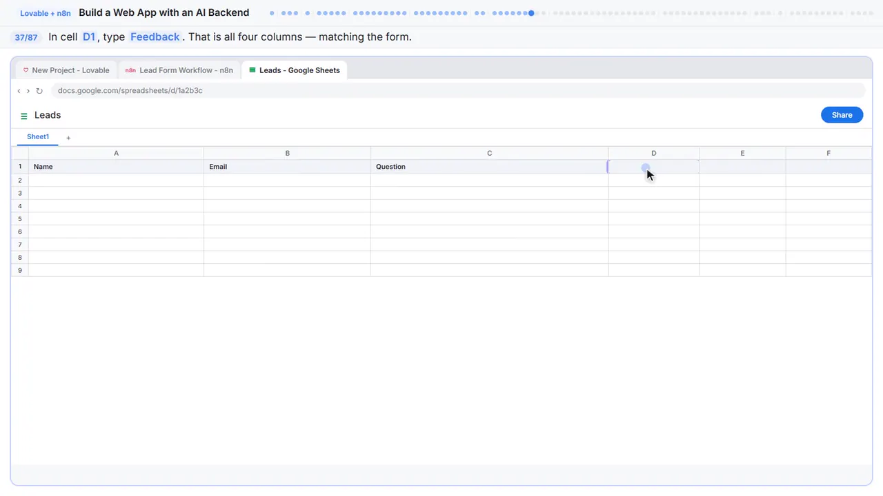 Google Sheets in Stepthrough’s practice copy, step 37 of 87 (Feedback): the cursor is on “D1”, highlighted.