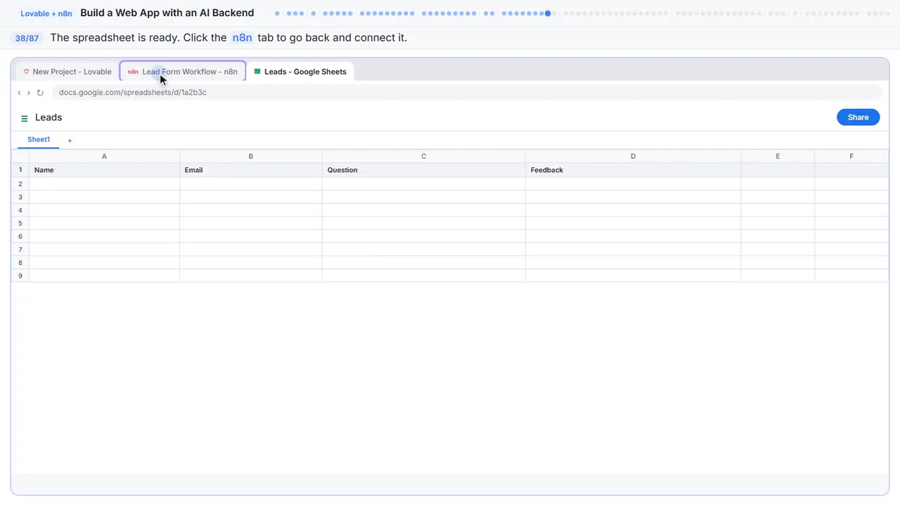 Google Sheets in Stepthrough’s practice copy, step 38 of 87 (Back to n8n): the cursor is on “n8n”, highlighted.