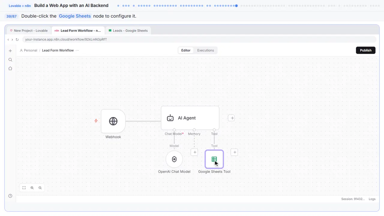 The n8n workflow canvas in Stepthrough’s practice copy, step 39 of 87 (Open the Sheets node): the cursor is on “Google Sheets”, highlighted.