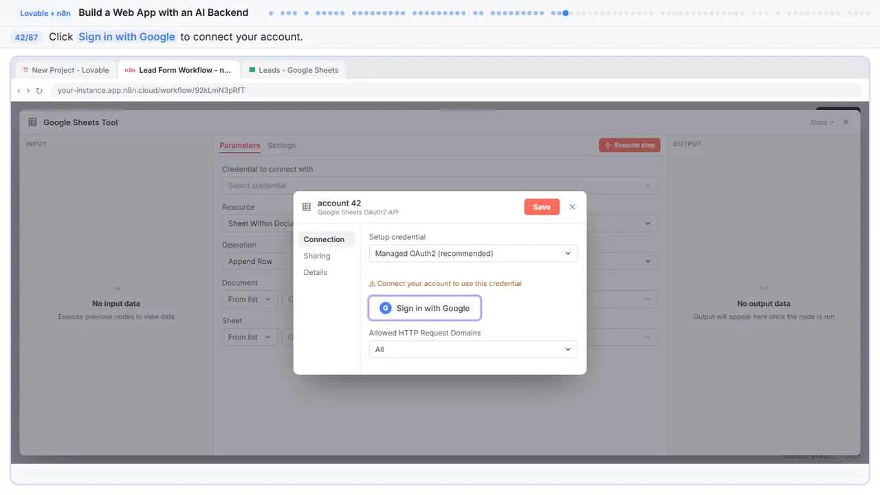 The Google sign-in window in Stepthrough’s practice copy, step 42 of 87 (Sign in with Google): the cursor is on “Sign in with Google”, highlighted.