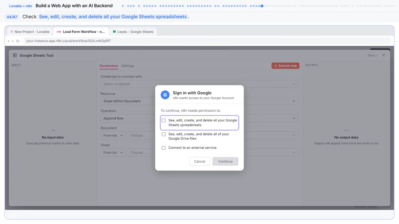 The Google sign-in window in Stepthrough’s practice copy, step 44 of 87 (Allow Sheets access): the cursor is on “See, edit, create, and delete all your Google Sheets…”, highlighted.