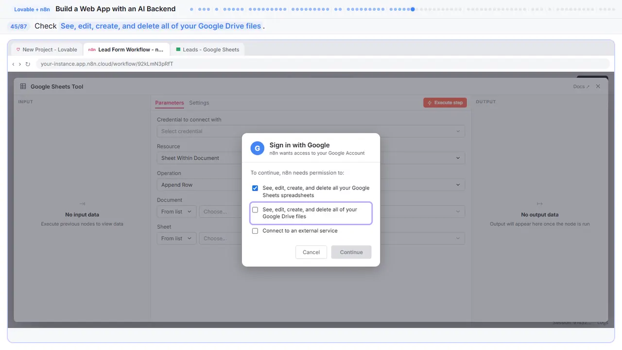 The Google sign-in window in Stepthrough’s practice copy, step 45 of 87 (Allow Drive access): the cursor is on “See, edit, create, and delete all of your Google Drive files”, highlighted.