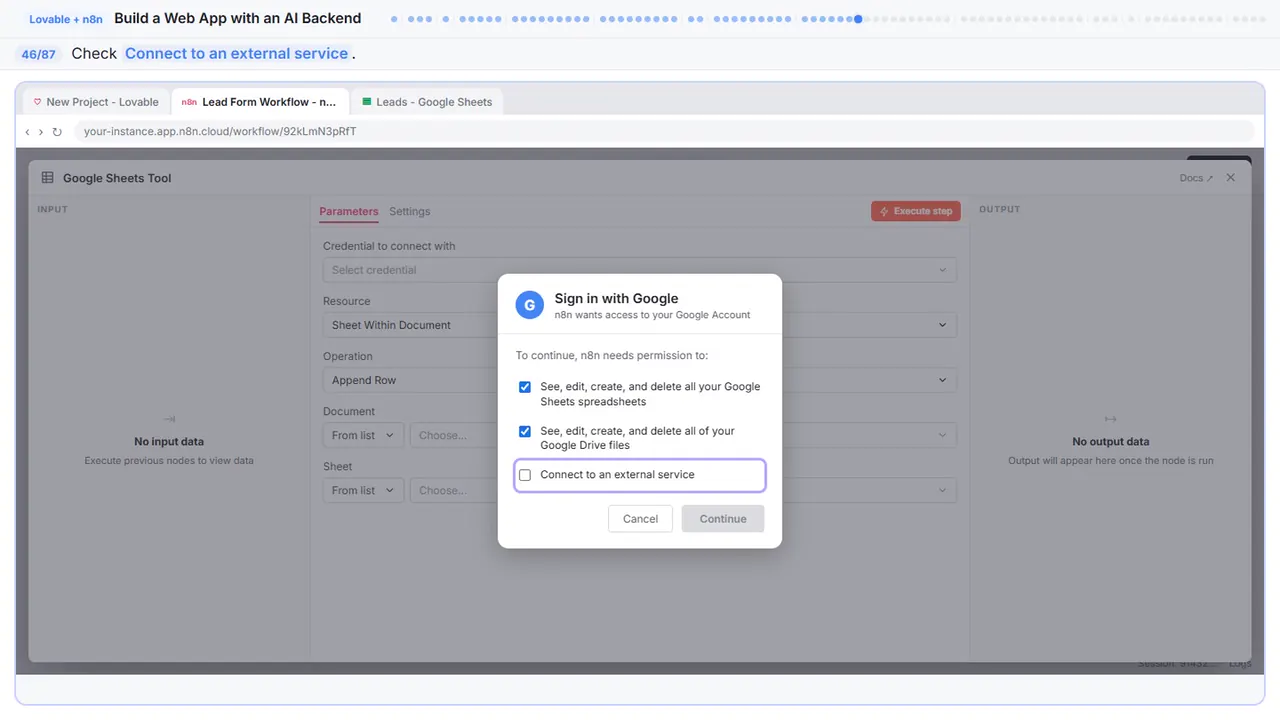 The Google sign-in window in Stepthrough’s practice copy, step 46 of 87 (Allow external service): the cursor is on “Connect to an external service”, highlighted.