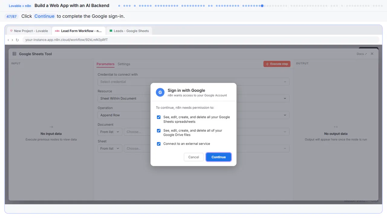 The Google sign-in window in Stepthrough’s practice copy, step 47 of 87 (Sign in): the cursor is on “Continue”, highlighted.