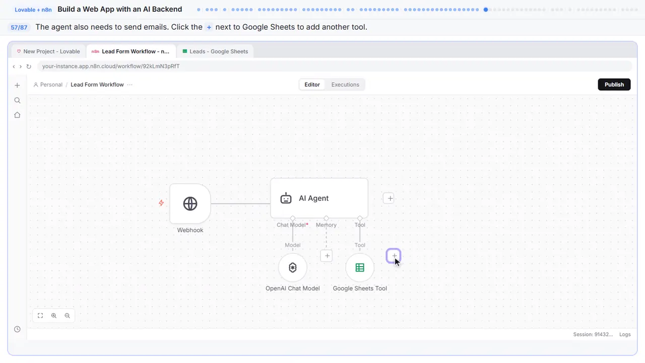 The n8n workflow canvas in Stepthrough’s practice copy, step 57 of 87 (Add another tool): the cursor is on “+”, highlighted.